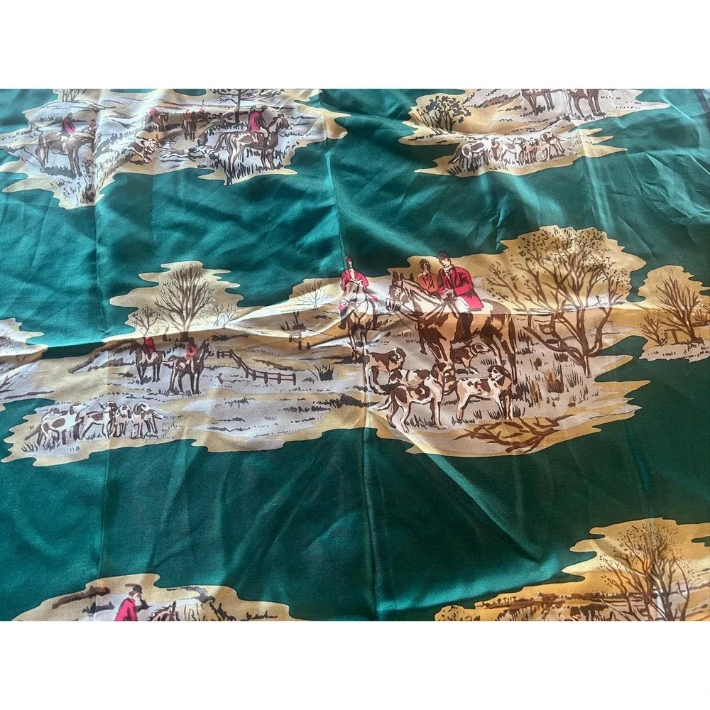 Vintage Equestrian Scarf Fox Hunt Plaid Satin Scarf‎ Green Preppy Classic Horse